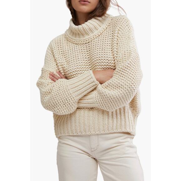 Free People Sweaters - Free People Chunky Knit Cream My Only Sunshine Pullover Mockneck Sweater Preppy